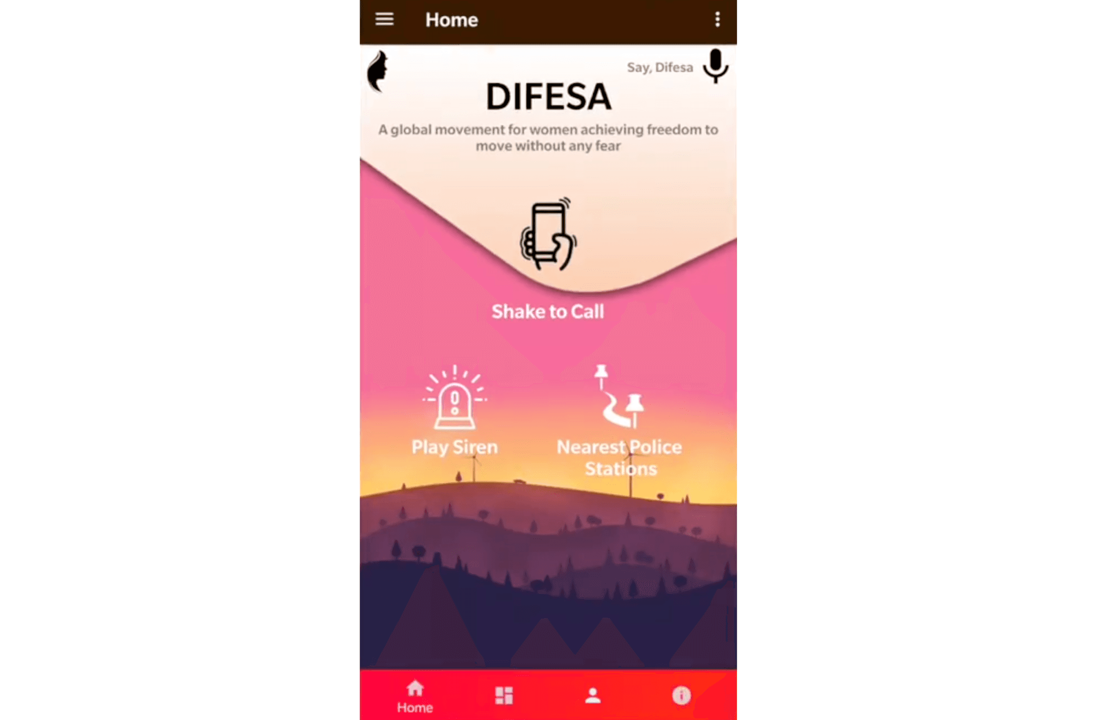 Difesa app home screen with Shake to Call, siren and nearest police station actions